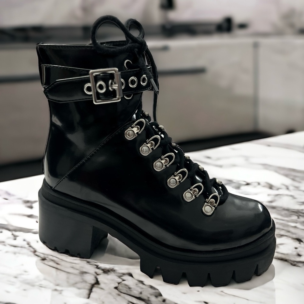 ⚡️SALE Jeffrey Campbell Czech Lace Up Platform Patent Leather Boots Black